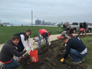 Volunteers from Quicken Loans planting daffodil bulbs near Sunset Point on Belle Isle.